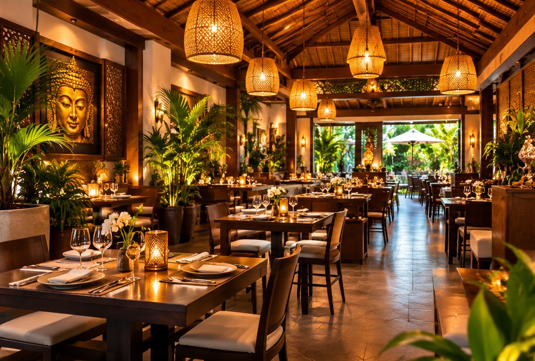 Illustrative image of a warm, tropical restaurant interior