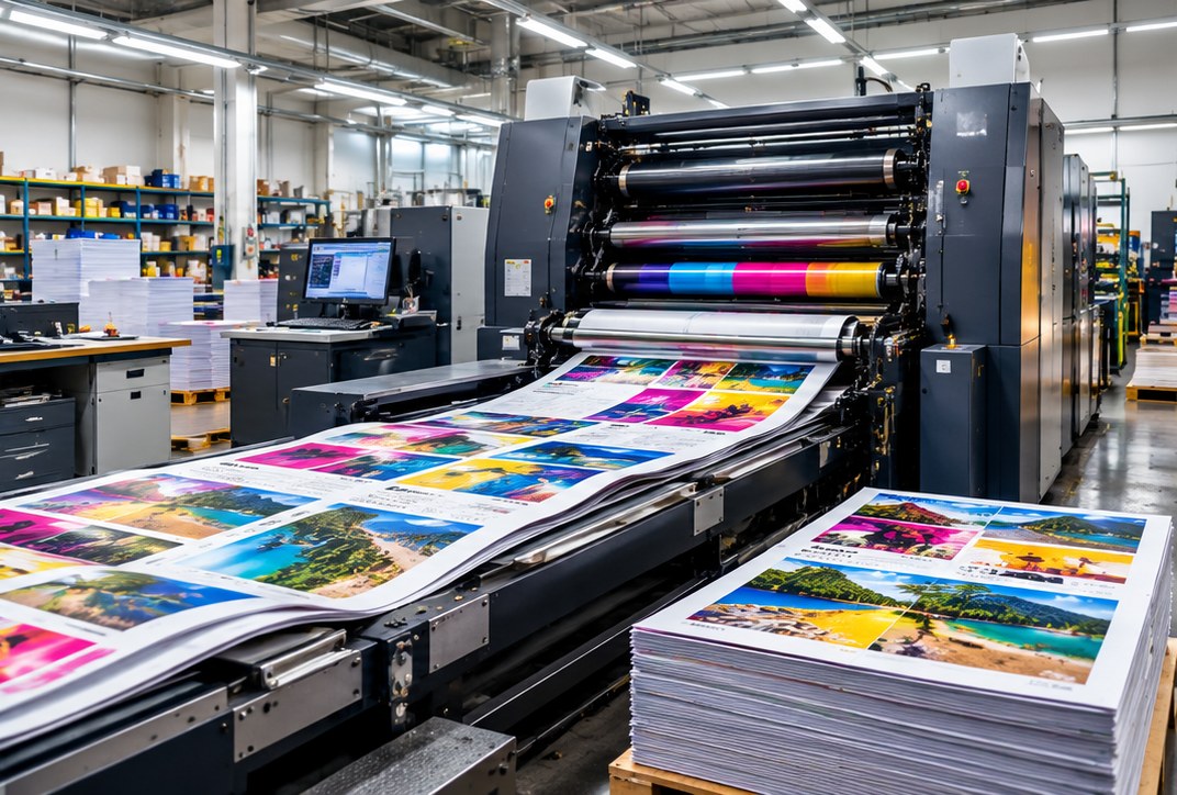 Illustrative image of a commercial printing press producing colourful printed materials